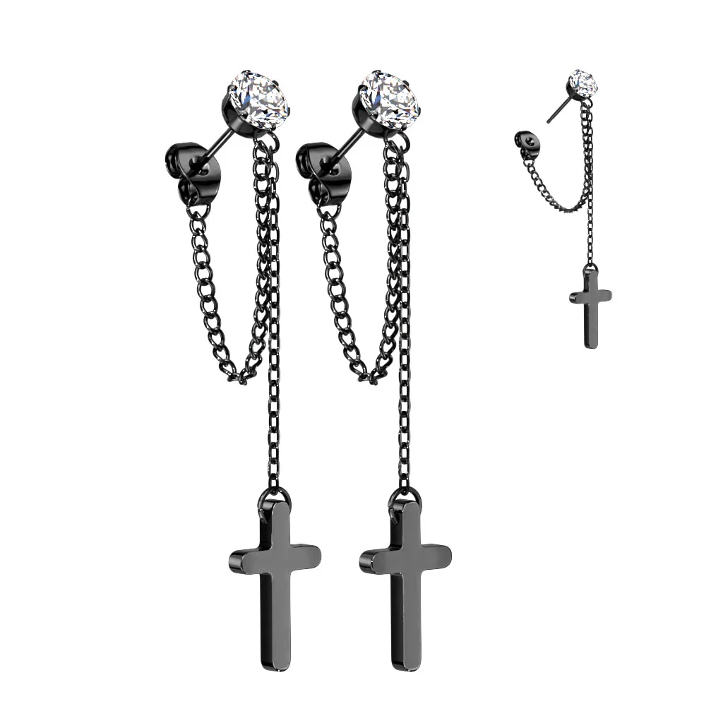 Pair CZ Stud Earrings With Chain Link and Cross Dangling - Image 4