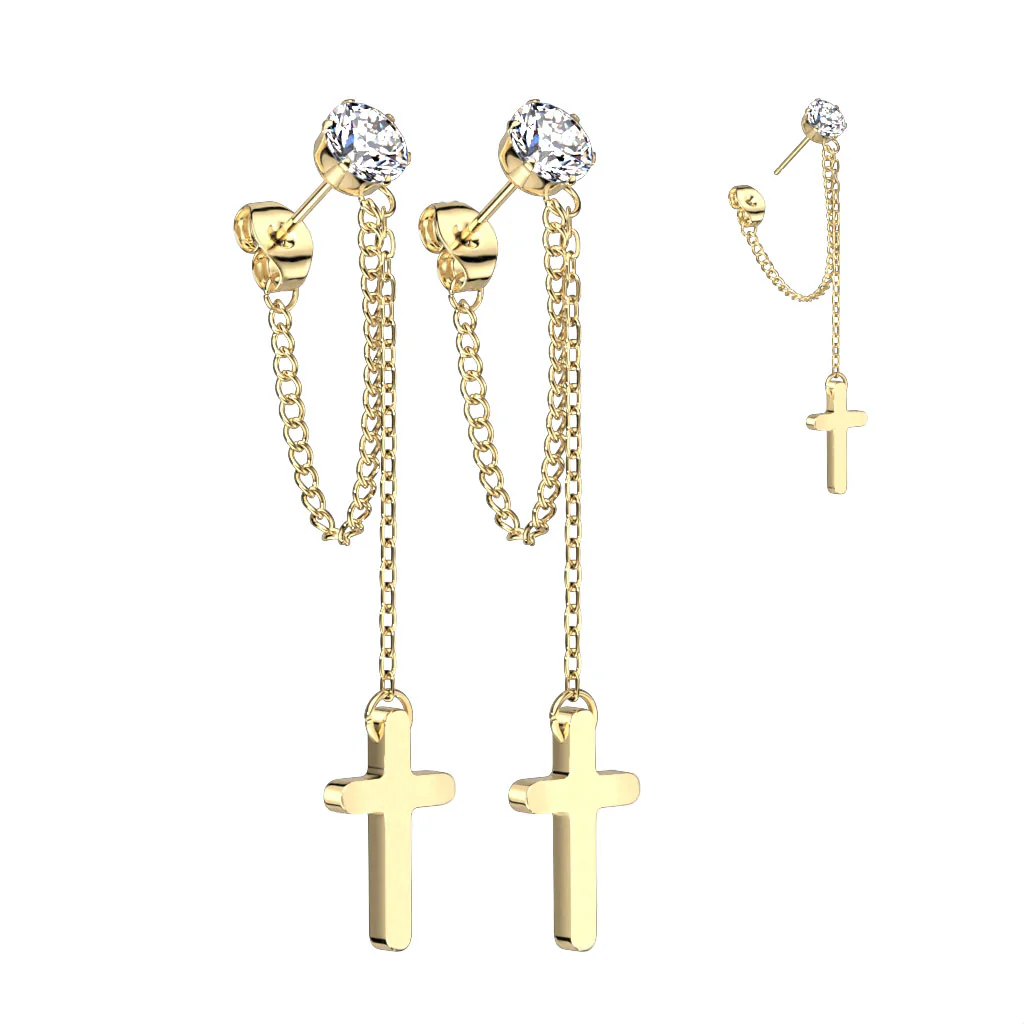 Pair CZ Stud Earrings With Chain Link and Cross Dangling - Image 5