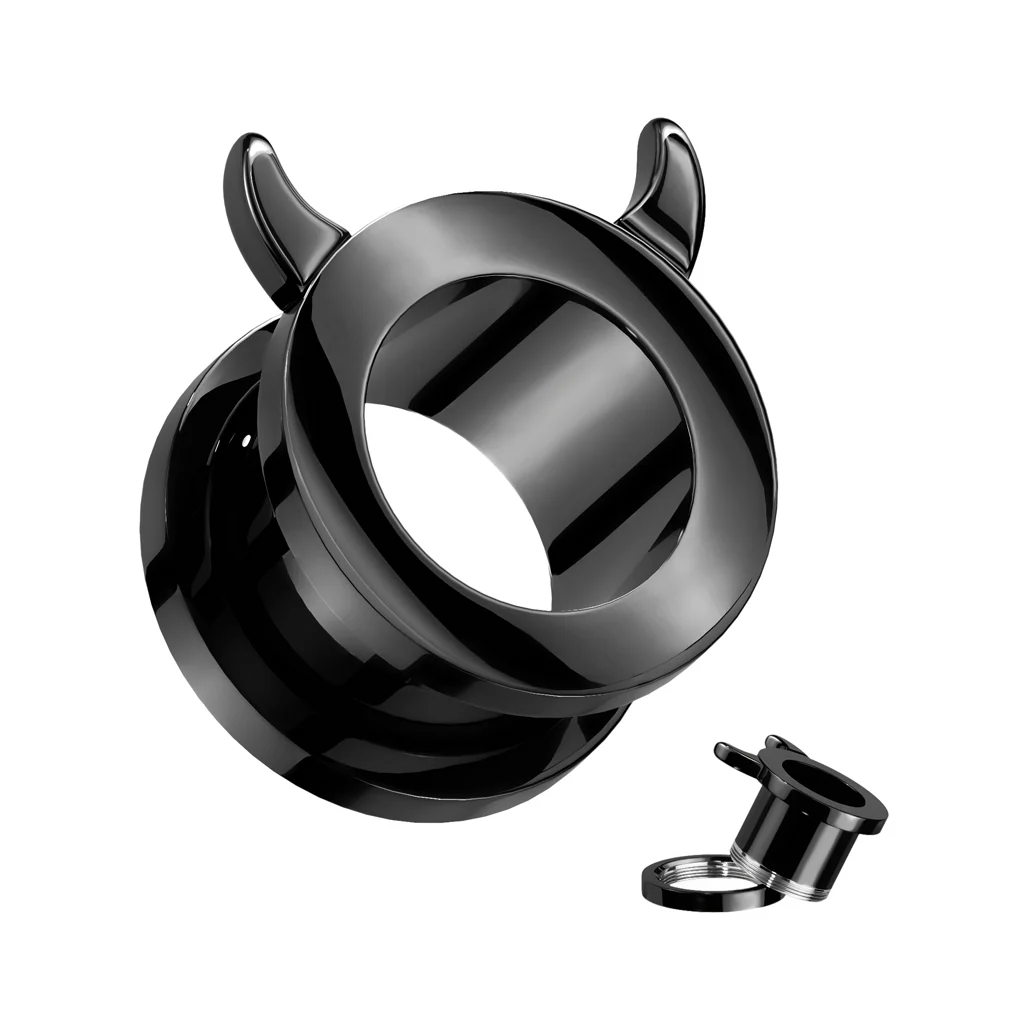 Pair Devil Horn Rim Black Screw Fit Ear Tunnels Plugs - Image 3