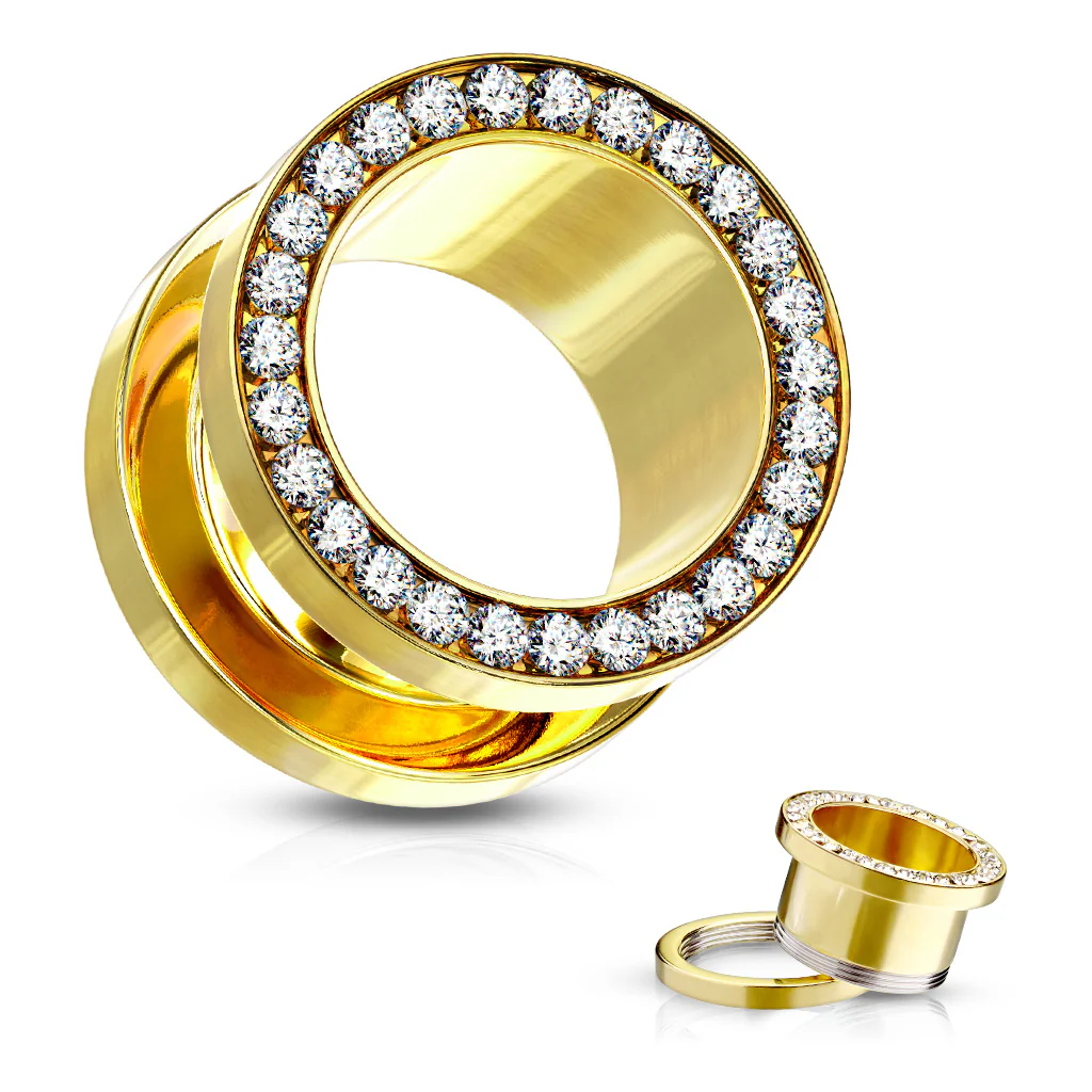 Pair Of Gold Plated Multi CZ Rim Ear Plug Screw Fit Flesh Tunnel - Image 2