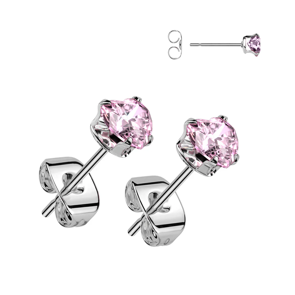 Pair Of Prong Set Heart CZ 316L Surgical Steel Stud Earrings Ear Cartilage - Image 3