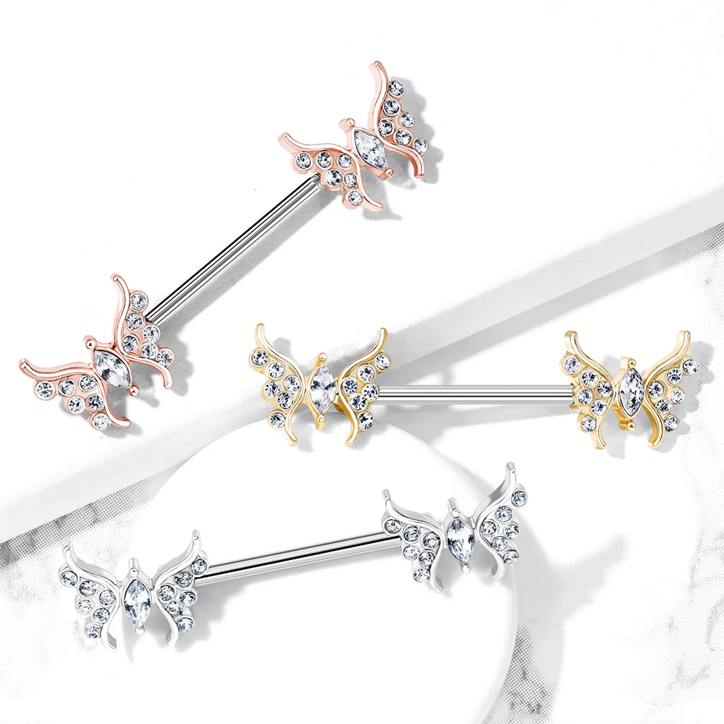 Pair of CZ Paved Butterfly Marquise CZ Center Nipple Barbell Nipple Rings