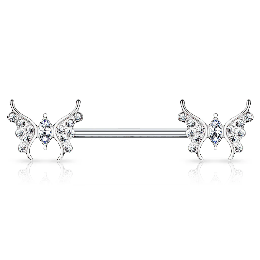 Pair of CZ Paved Butterfly Marquise CZ Center Nipple Barbell Nipple Rings - Image 2