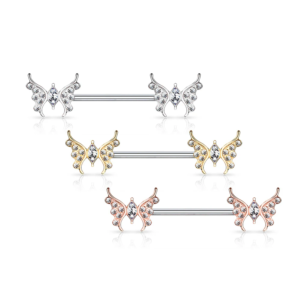 Pair of CZ Paved Butterfly Marquise CZ Center Nipple Barbell Nipple Rings - Image 3