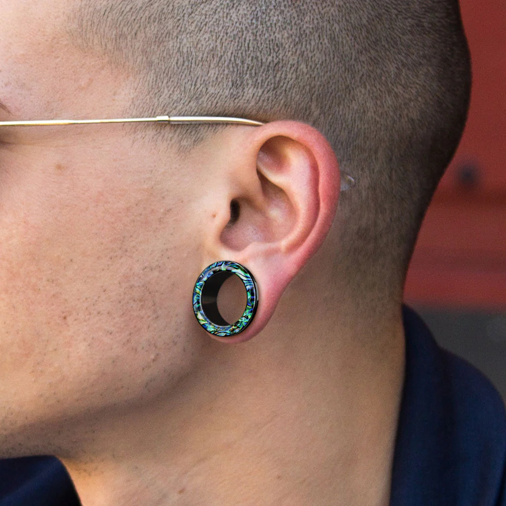 Pair Abalone Rimmed Screw Fit Ear Tunnels Ear Plugs - Image 2