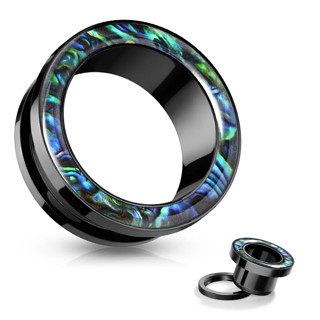 Pair Abalone Rimmed Screw Fit Ear Tunnels Ear Plugs - Image 4