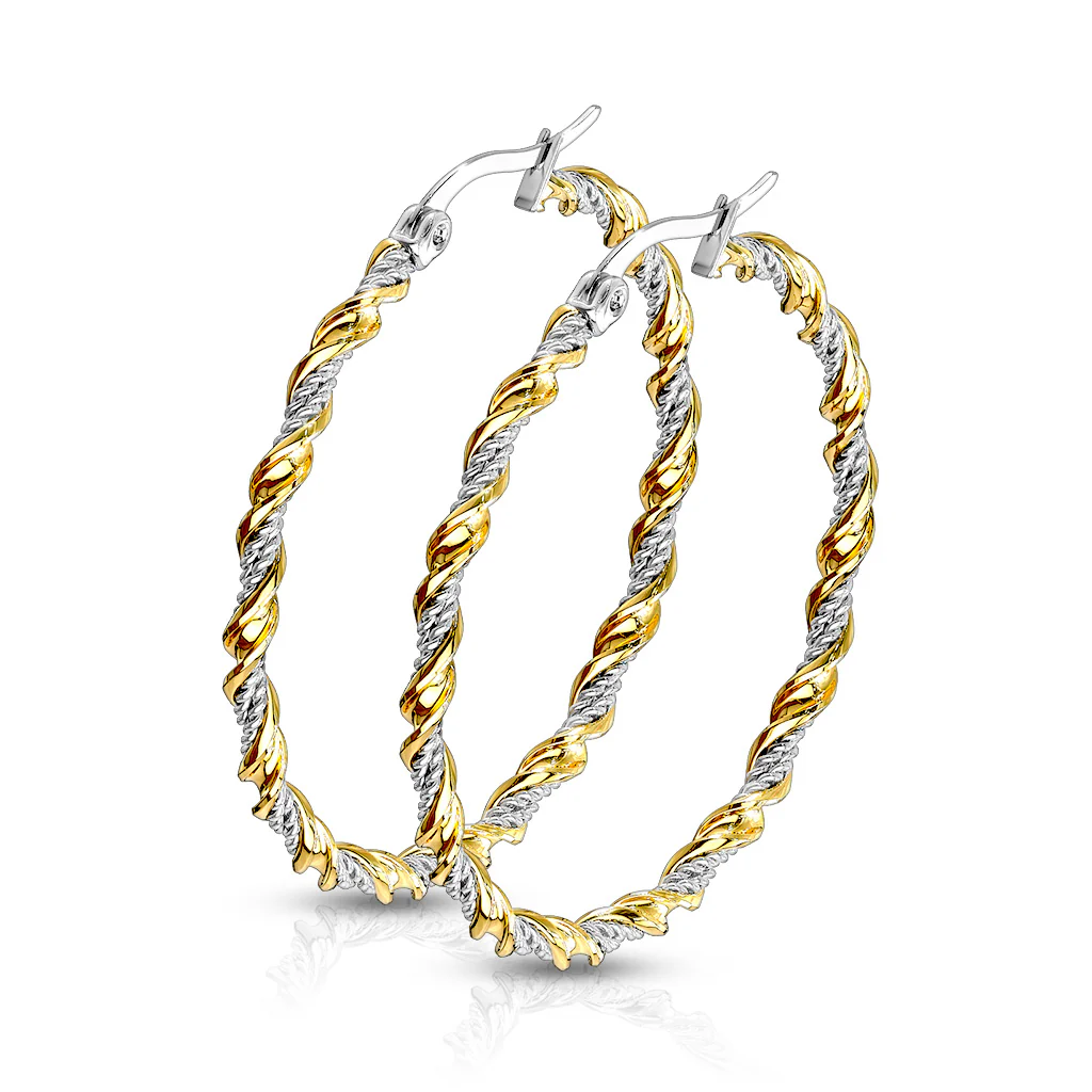 Pair of Gold And Surgical Steel Twisted Braided Hoop Earrings - Image 3