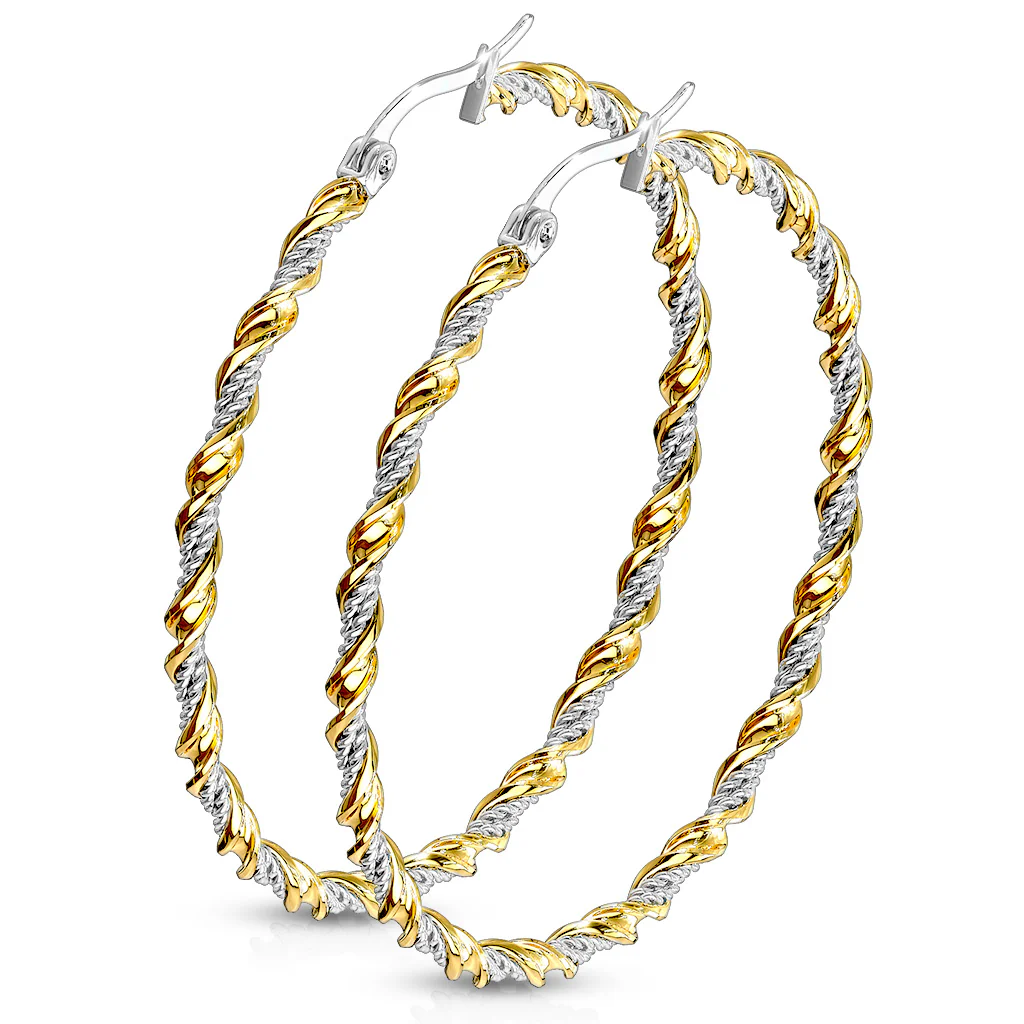 Pair of Gold And Surgical Steel Twisted Braided Hoop Earrings - Image 4