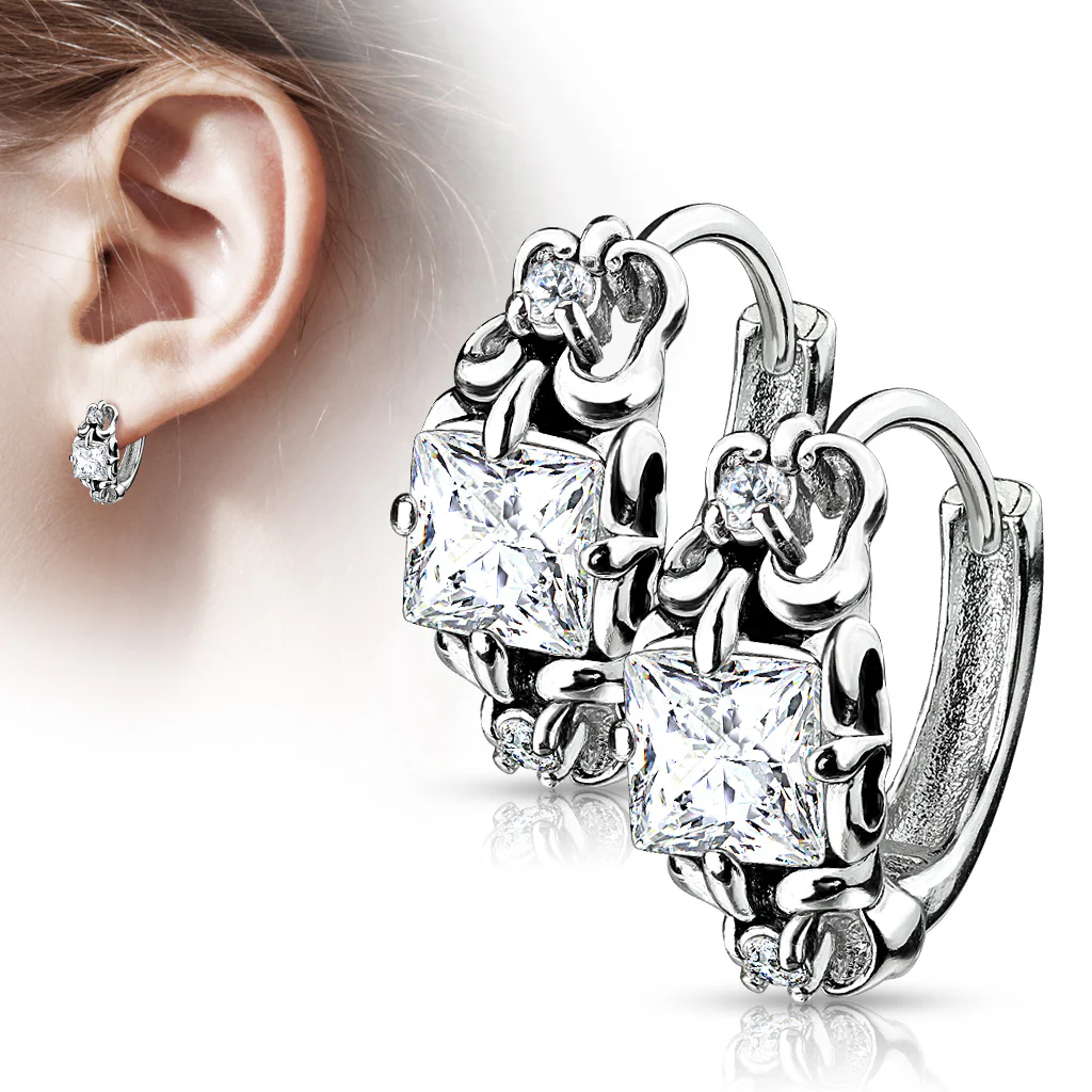 Pair of Antique Silver Square CZ Stainless Steel Hinge Action Seamless Hoop Earrings
