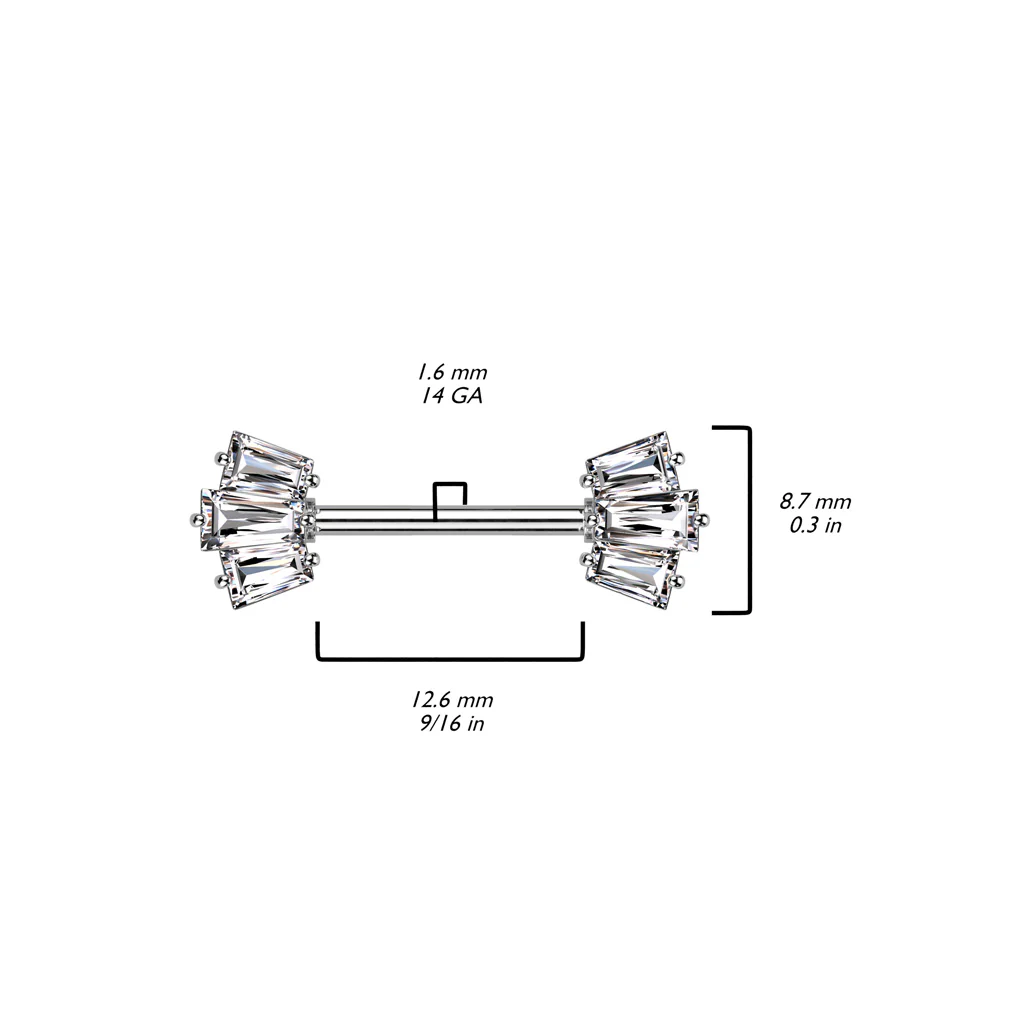 Pair of Baguette CZ Crown End Nipple Barbell Rings - Image 2