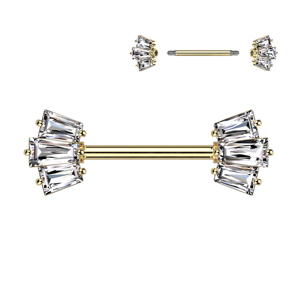 Pair of Baguette CZ Crown End Nipple Barbell Rings - Image 3