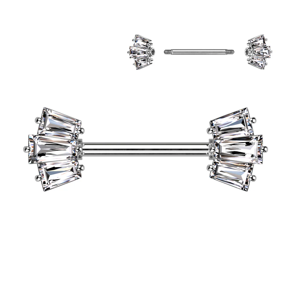 Pair of Baguette CZ Crown End Nipple Barbell Rings - Image 4
