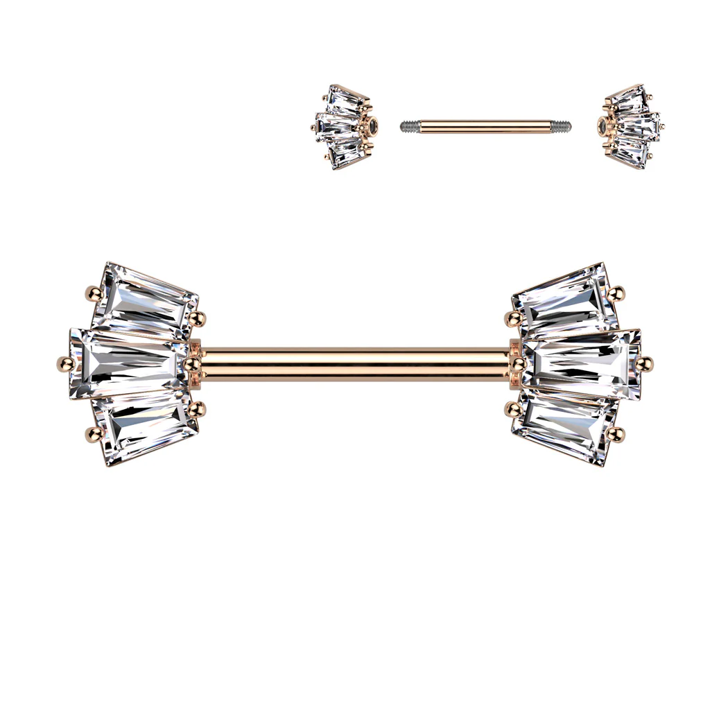 Pair of Baguette CZ Crown End Nipple Barbell Rings - Image 5