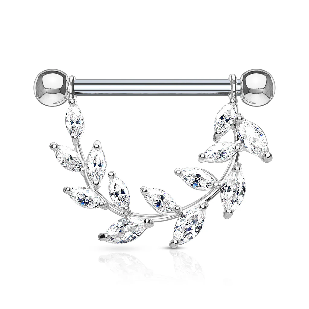 Pair of Marquise CZ Vine Surgical Steel Barbell Nipple Rings - Image 2
