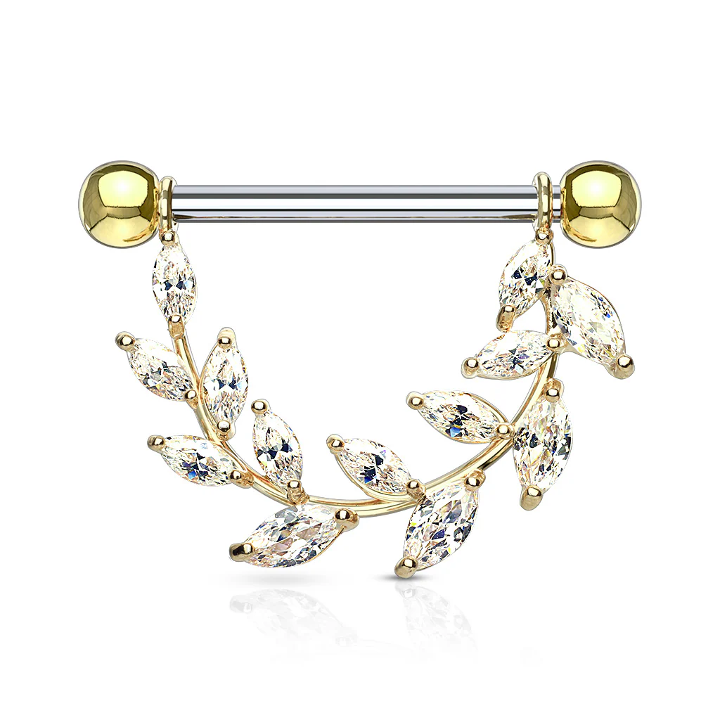 Pair of Marquise CZ Vine Surgical Steel Barbell Nipple Rings - Image 3