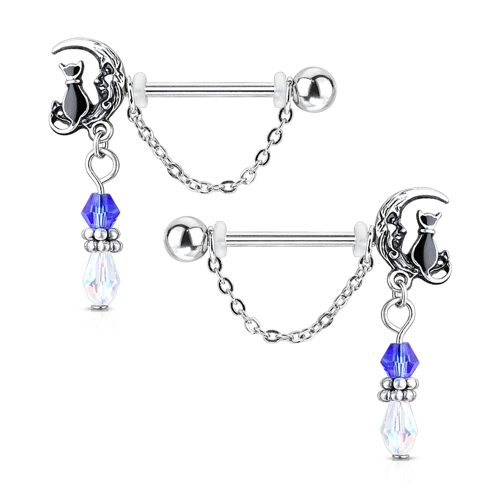 Pair of Cat Sitting on Moon with Beads and Chain Dangles Nipple Barbell Rings - Image 4