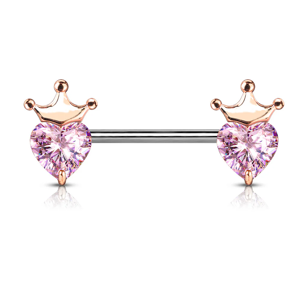 Pair Of Heart CZ With Crown Nipple Barbell Nipple Rings - Image 3
