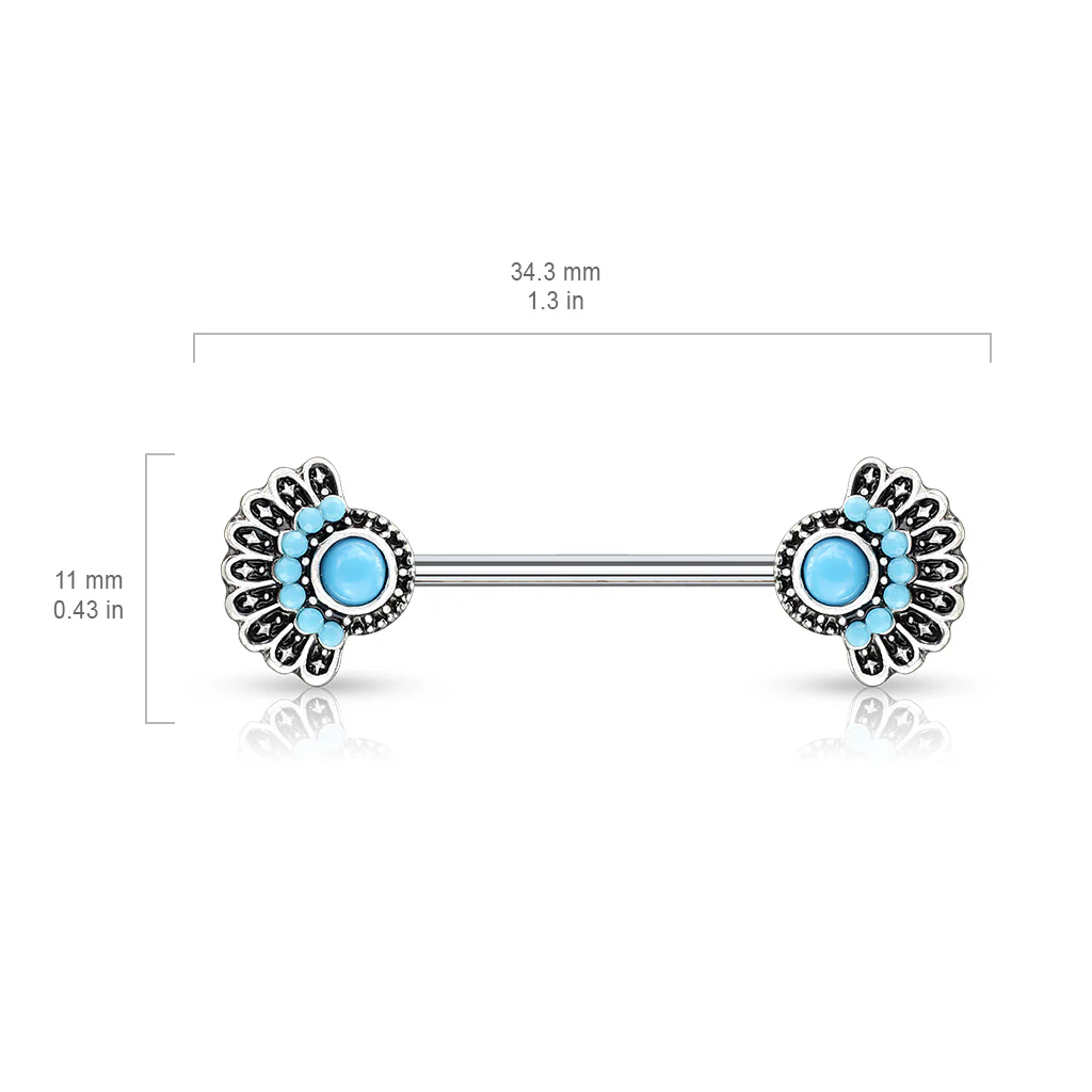 Pair Of Turquoise Stone Tribal Fan Nipple Barbells Rings - Image 2