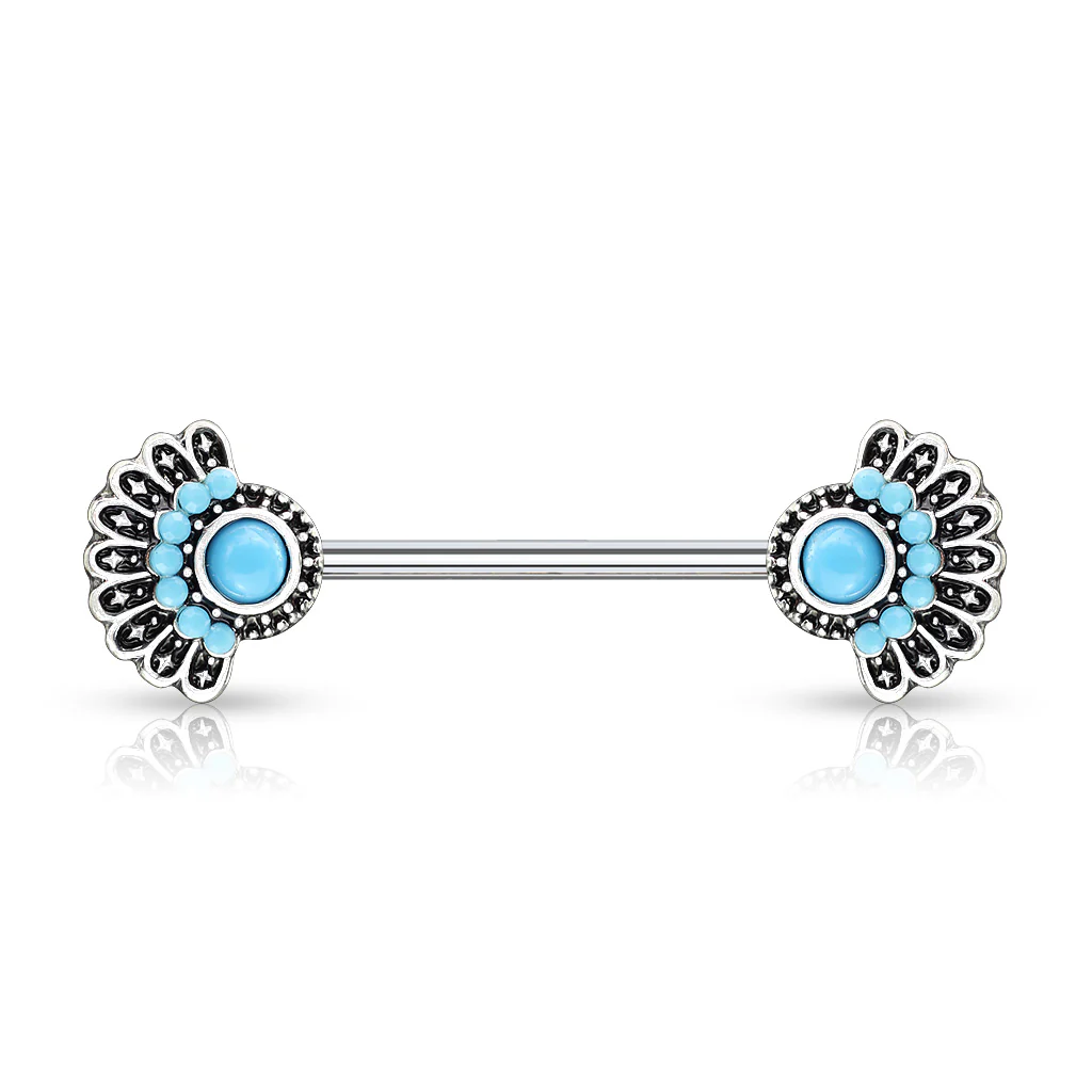 Pair Of Turquoise Stone Tribal Fan Nipple Barbells Rings - Image 3