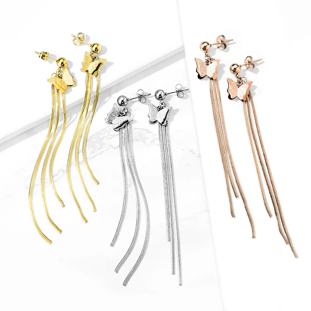 Pair Of Gold 2 Tone 3D Butterfly And Chain Dangle Studs Earring - Image 2