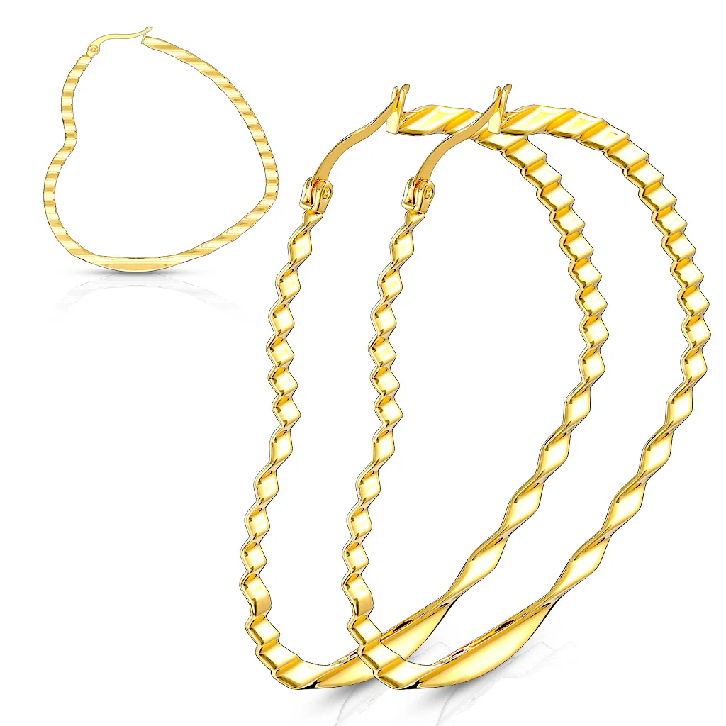 Pair of Gold Wave Pattern Heart Shape Hoop Earrings - Image 2