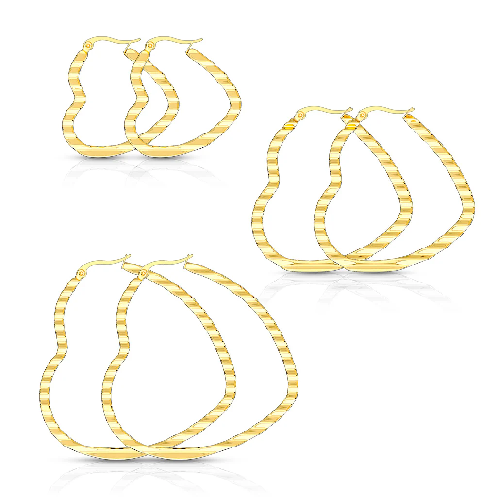 Pair of Gold Wave Pattern Heart Shape Hoop Earrings - Image 3