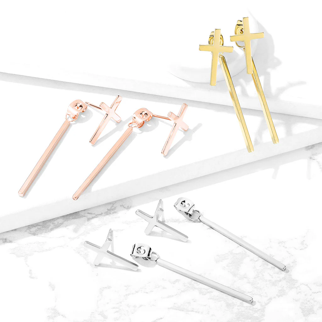 Pair of Cross Stud Earrings With Dangling Bar On Butterfly Clasp