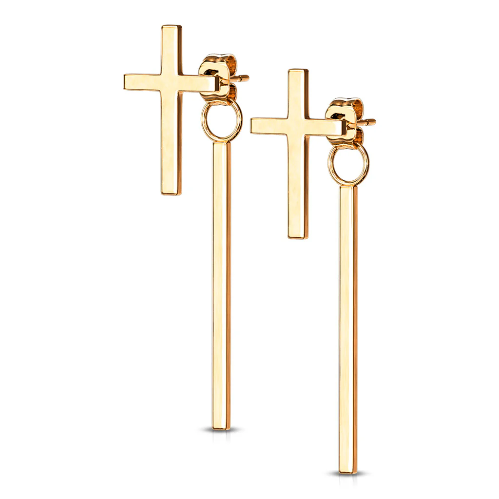 Pair of Cross Stud Earrings With Dangling Bar On Butterfly Clasp - Image 2