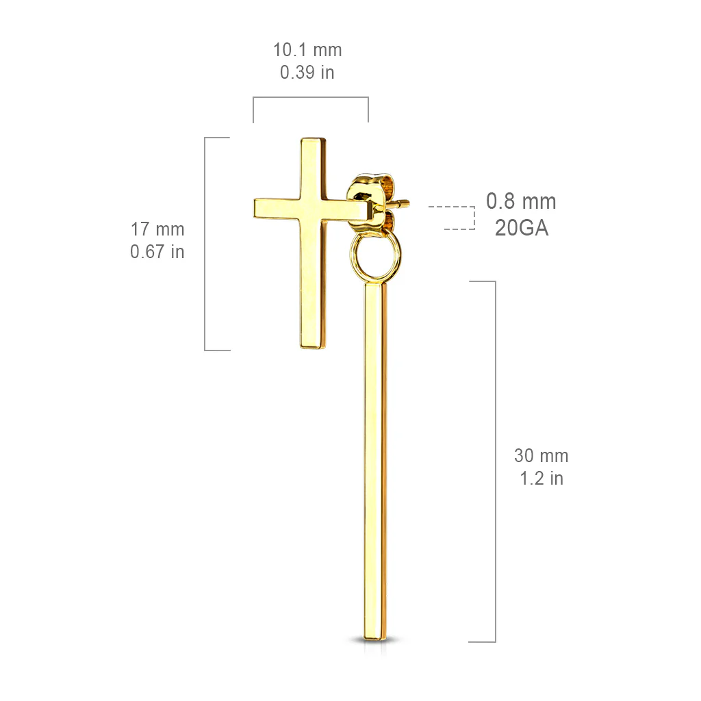 Pair of Cross Stud Earrings With Dangling Bar On Butterfly Clasp - Image 3
