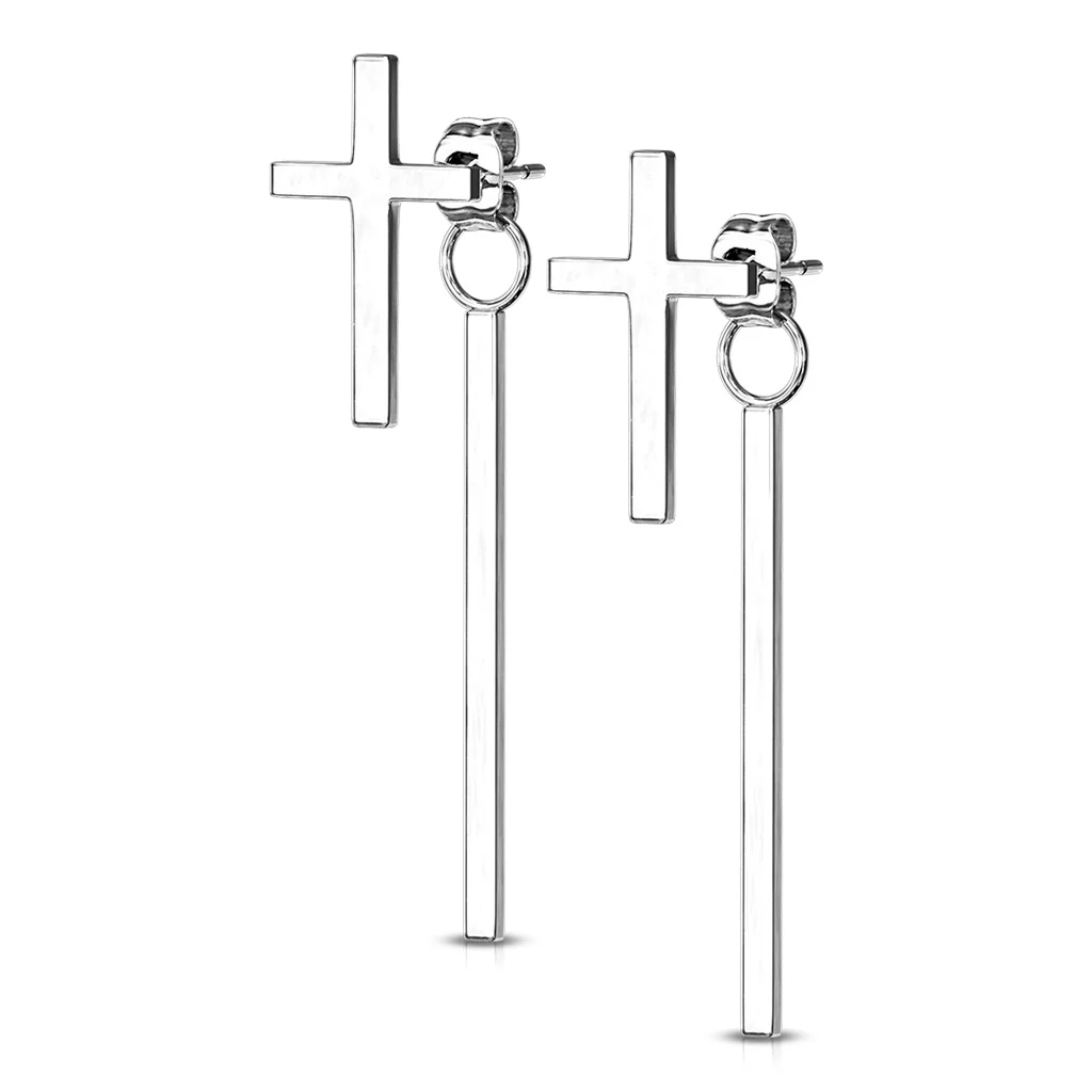 Pair of Cross Stud Earrings With Dangling Bar On Butterfly Clasp - Image 5