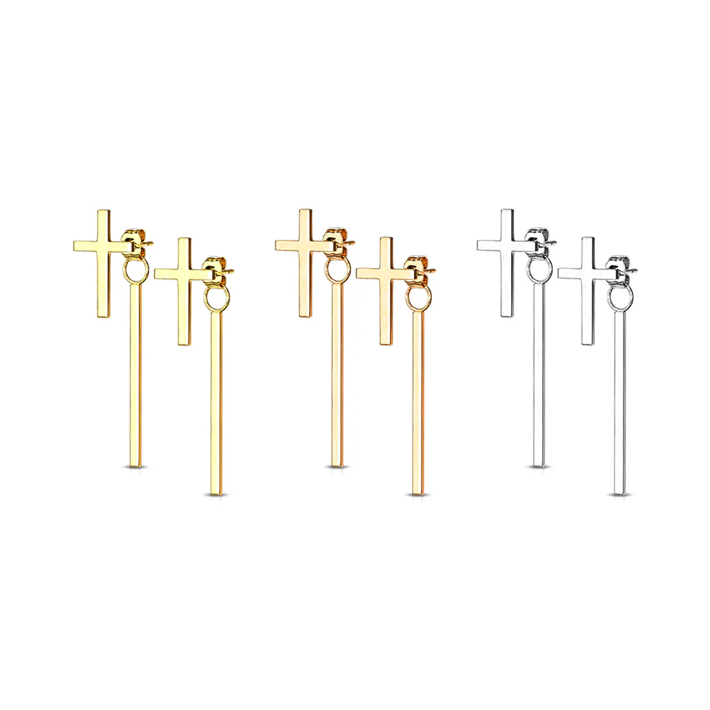 Pair of Cross Stud Earrings With Dangling Bar On Butterfly Clasp - Image 6