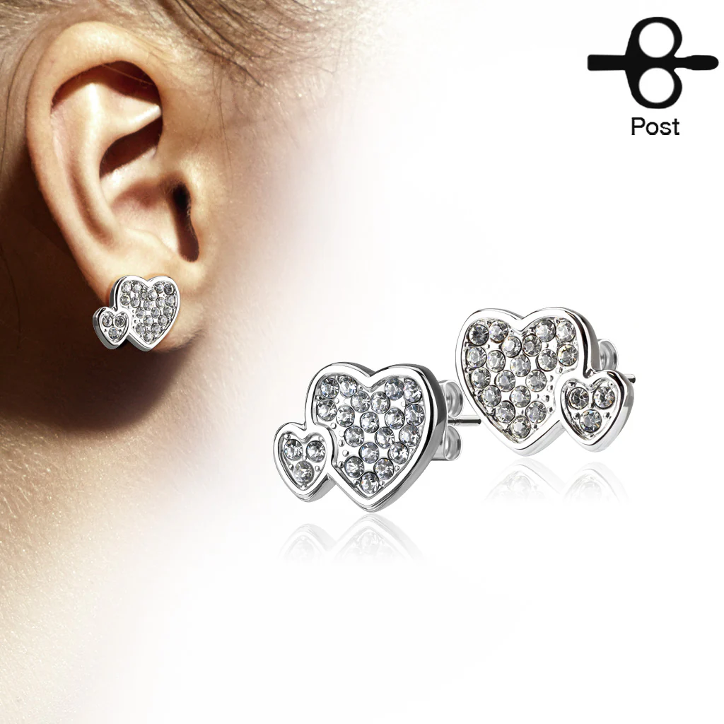 Pair of CZ Paved Double Heart  316L Surgical Steel Stud Earring - Image 2