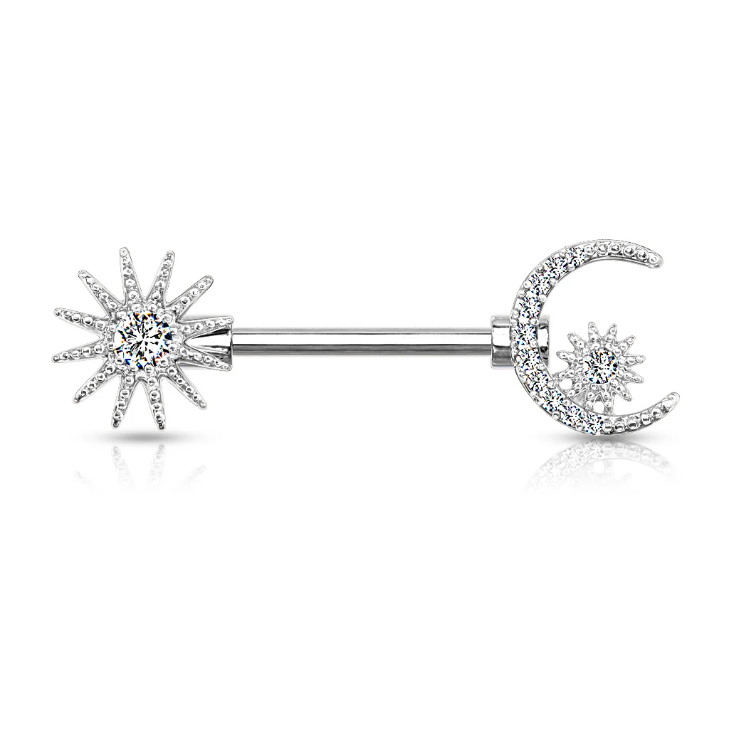 Pair CZ Paved Sun and Crescent Moon And Star Barbell Nipple Rings - Image 4