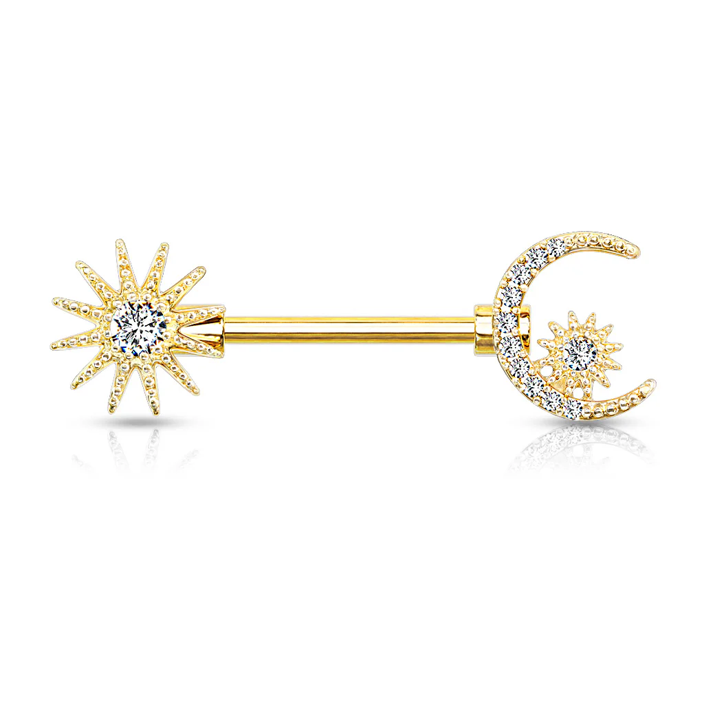 Pair CZ Paved Sun and Crescent Moon And Star Barbell Nipple Rings - Image 5