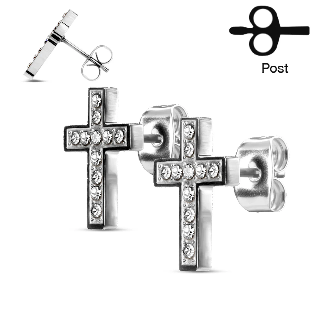 Pair of CZ Paved Cross Stainless Steel Earring Studs - Image 2
