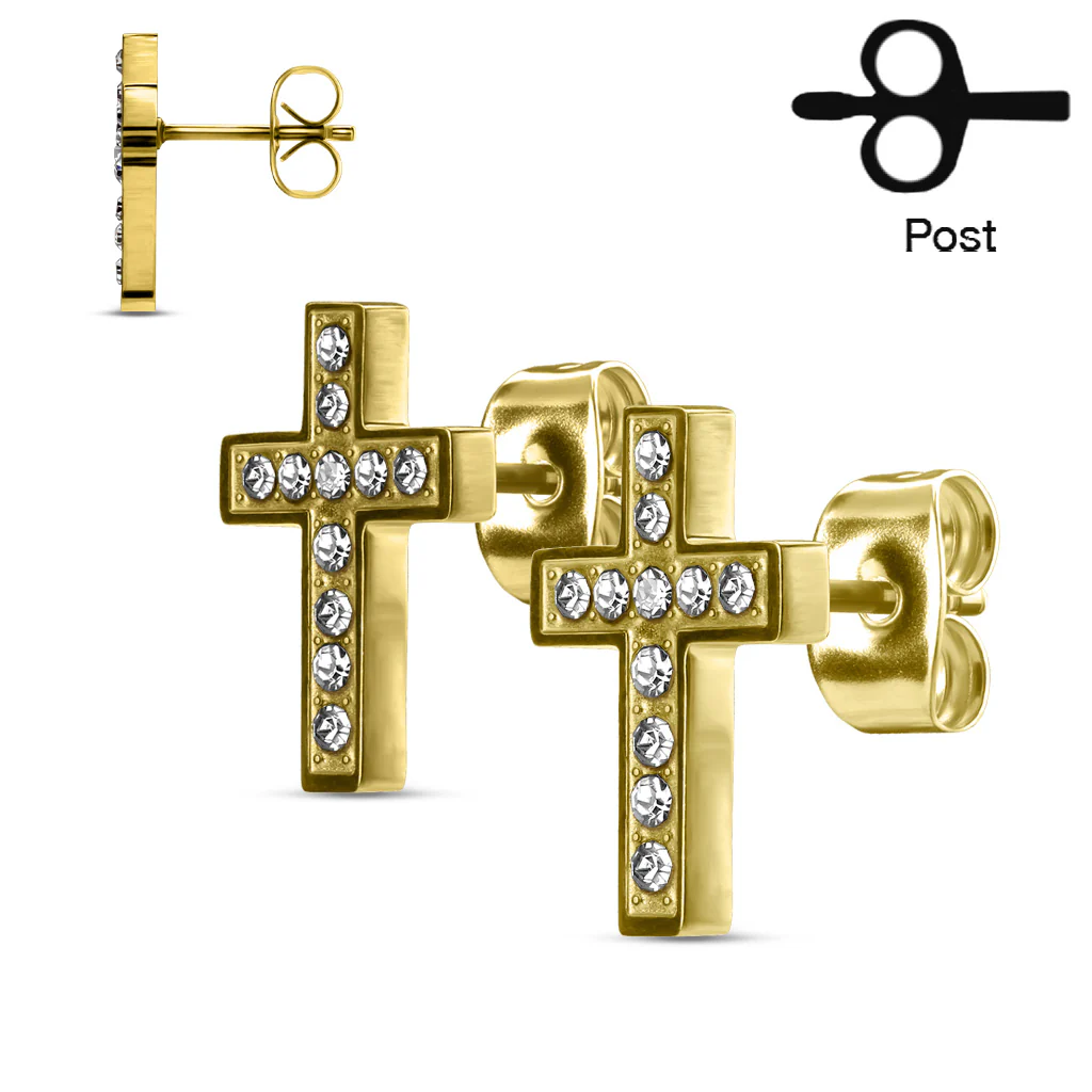 Pair of CZ Paved Cross Stainless Steel Earring Studs - Image 3