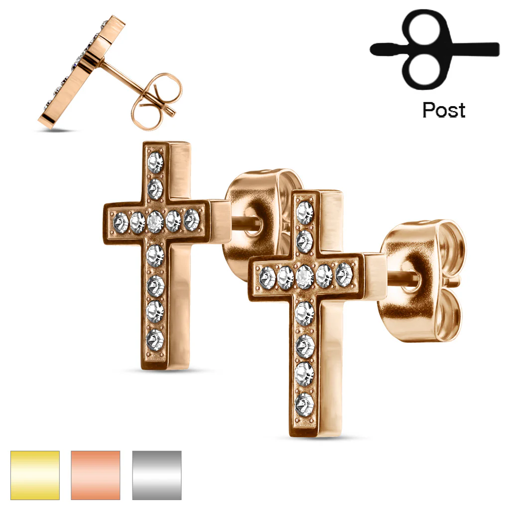 Pair of CZ Paved Cross Stainless Steel Earring Studs - Image 4