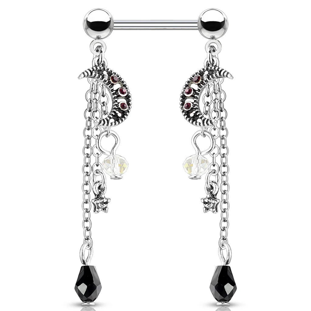 Pair Of CZ Antique Silver Plated Moon Star Beads Chain Nipple Barbells Rings