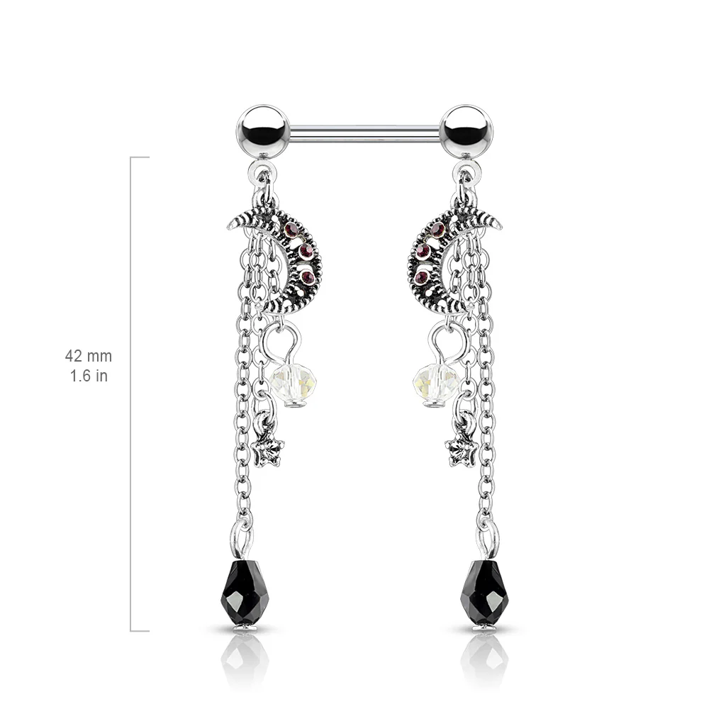 Pair Of CZ Antique Silver Plated Moon Star Beads Chain Nipple Barbells Rings - Image 2