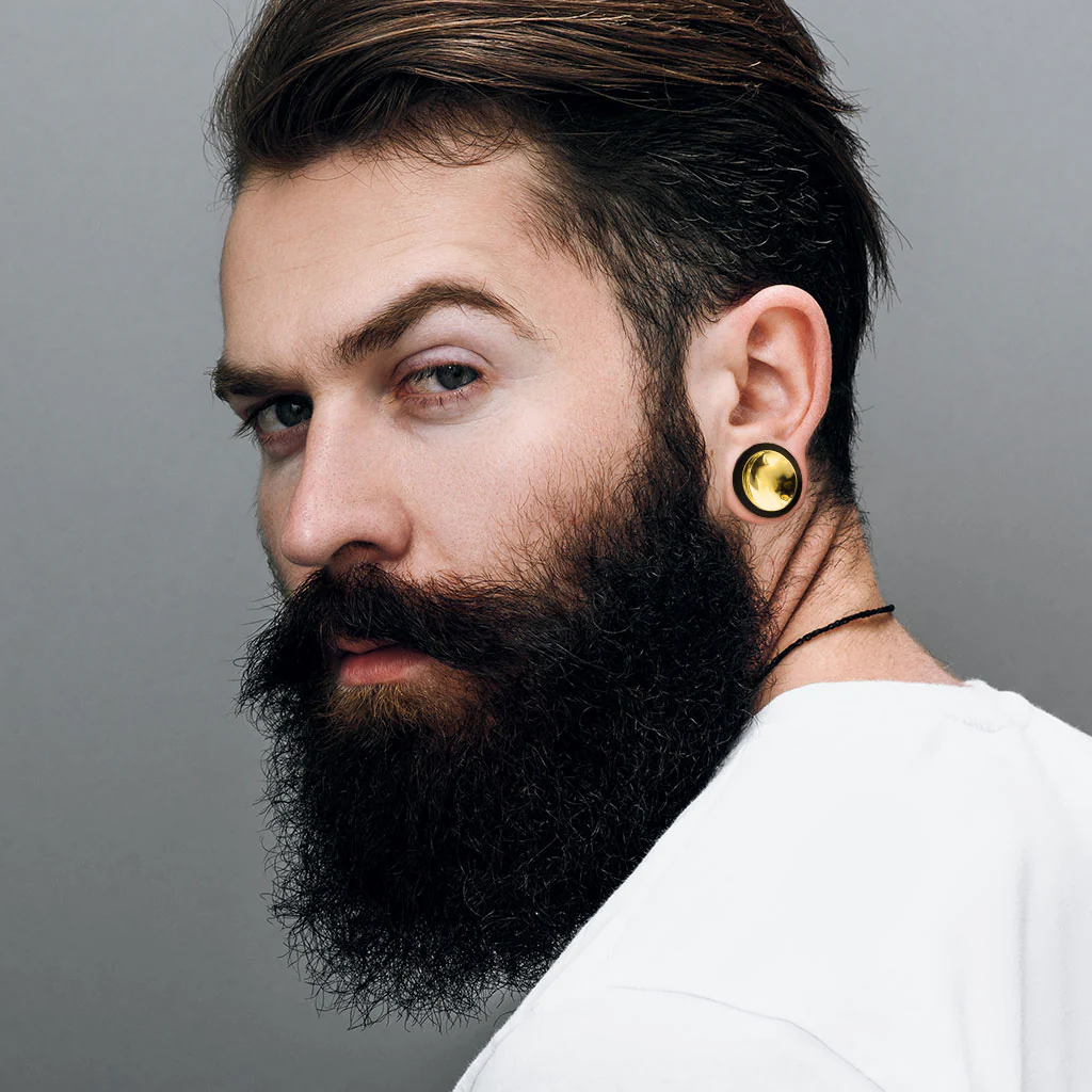 Pair Organic Sono Wood Saddle With Concaved Gold Tin Center Ear Plugs - Image 3