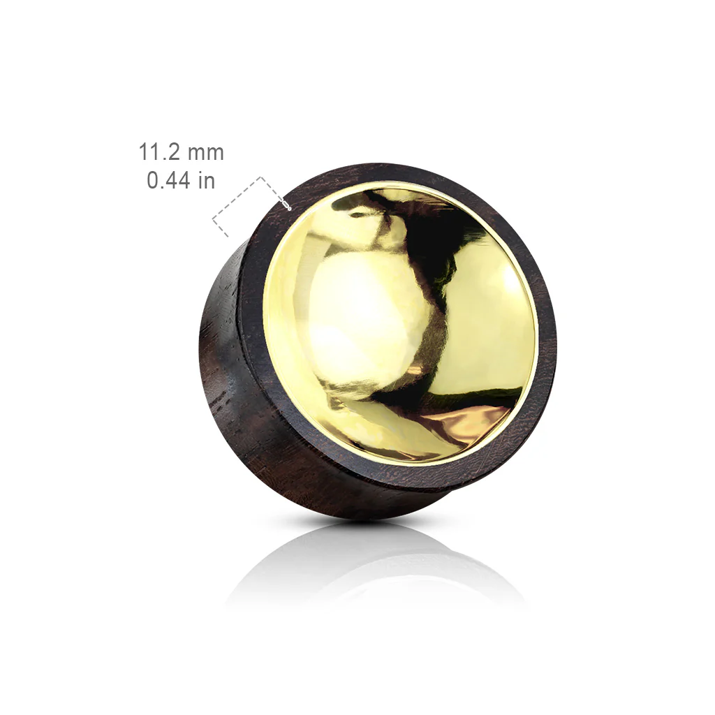 Pair Organic Sono Wood Saddle With Concaved Gold Tin Center Ear Plugs - Image 4