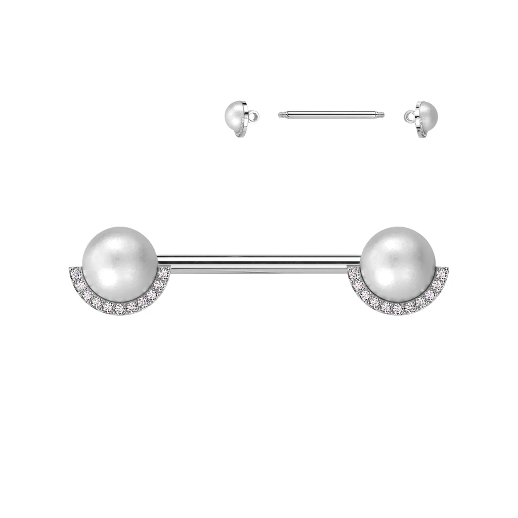 Pair Pearl & Half CZ Rim Edge Nipple Barbell - Image 2