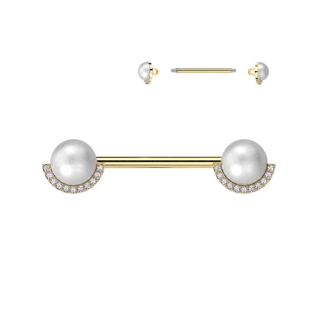 Pair Pearl & Half CZ Rim Edge Nipple Barbell - Image 4