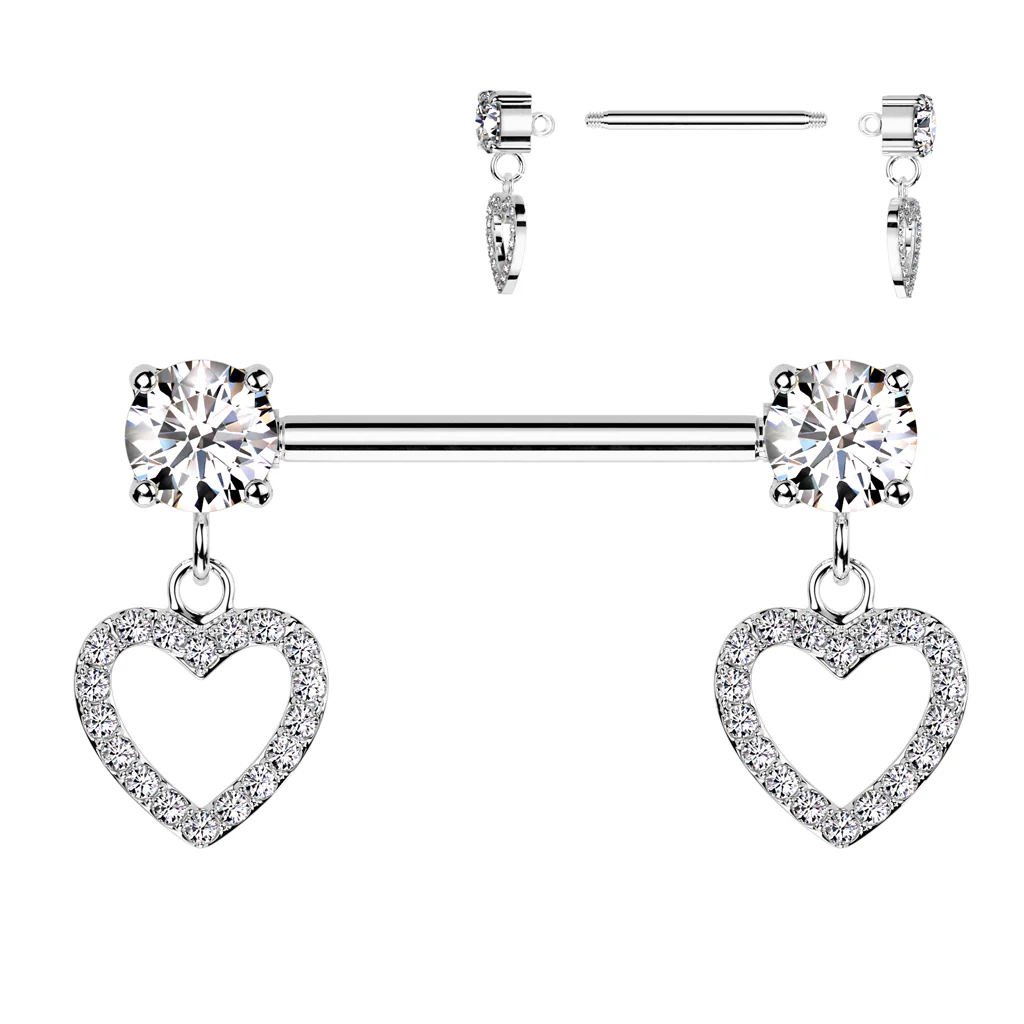 Round Prong Set CZ Ends & CZ Pave Hollow Heart Dangles Nipple Barbell - Image 2