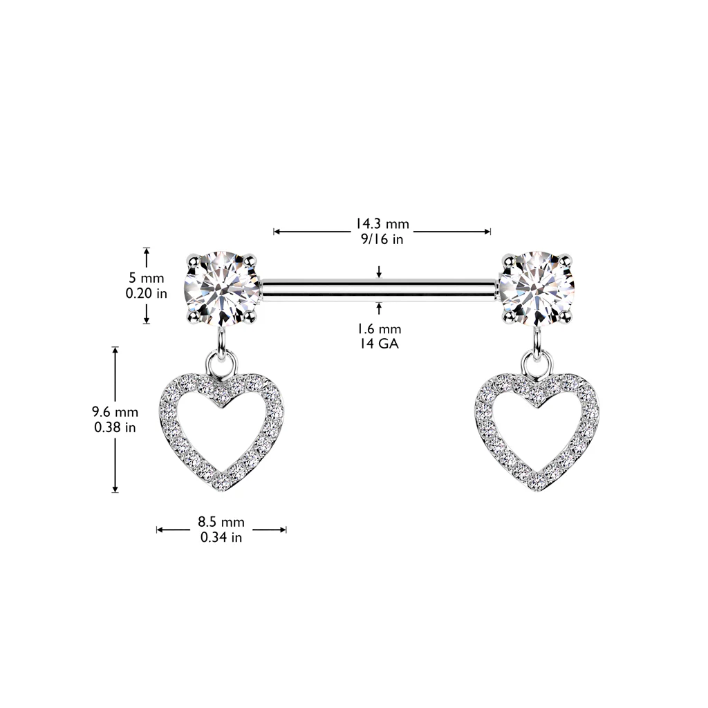 Round Prong Set CZ Ends & CZ Pave Hollow Heart Dangles Nipple Barbell - Image 3
