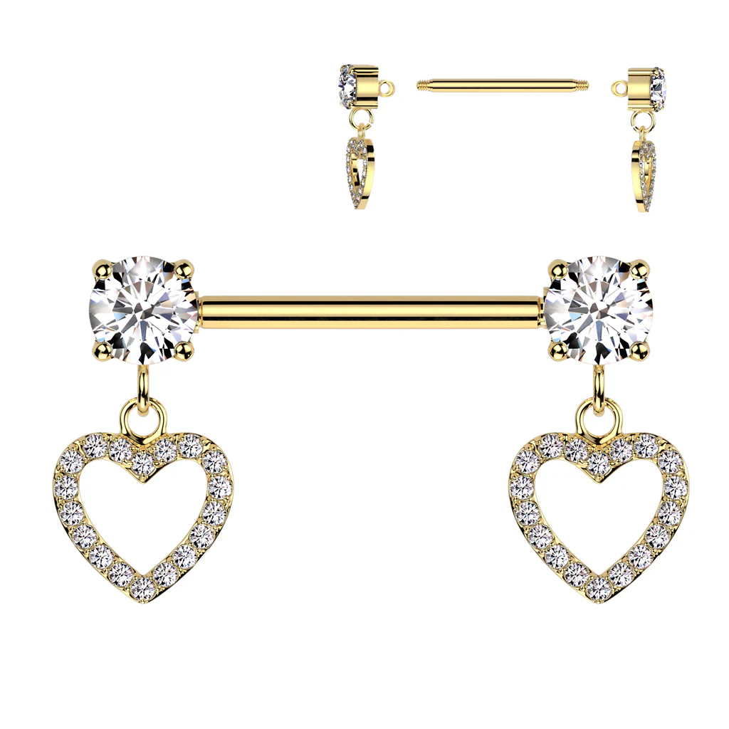 Round Prong Set CZ Ends & CZ Pave Hollow Heart Dangles Nipple Barbell - Image 4