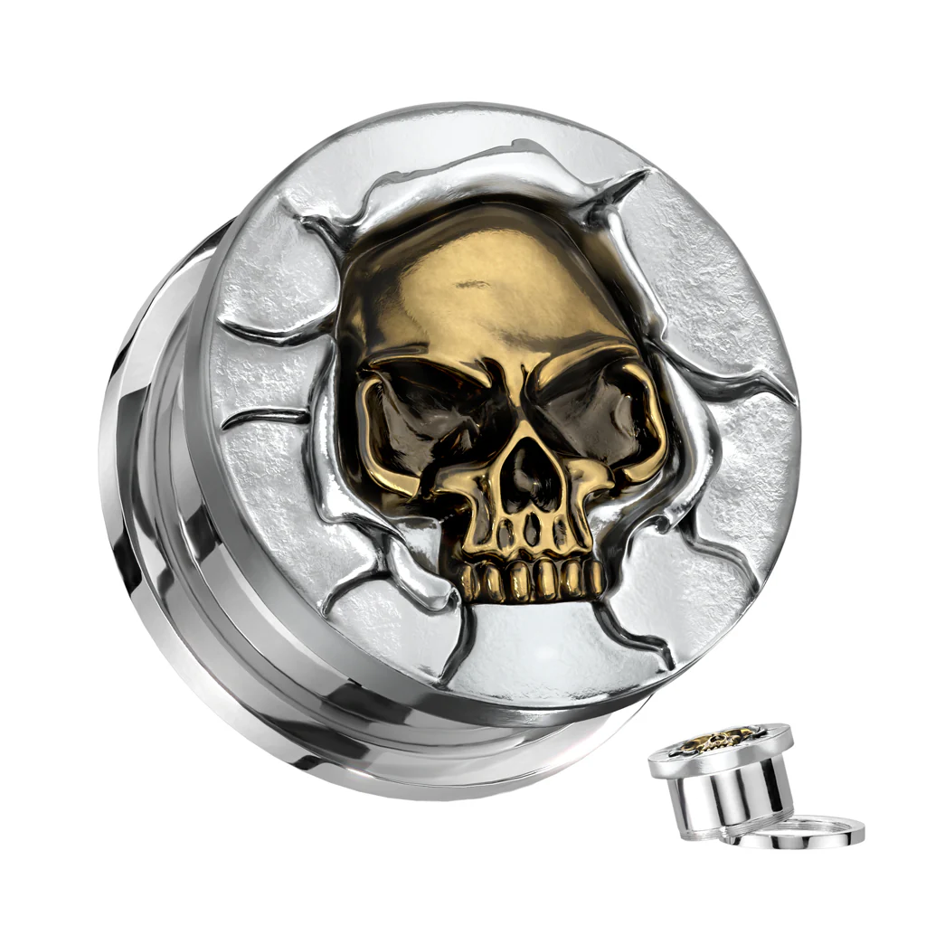 Protruding Bronze Skull Screw Fit Tunnels Ear Plugs - Image 3