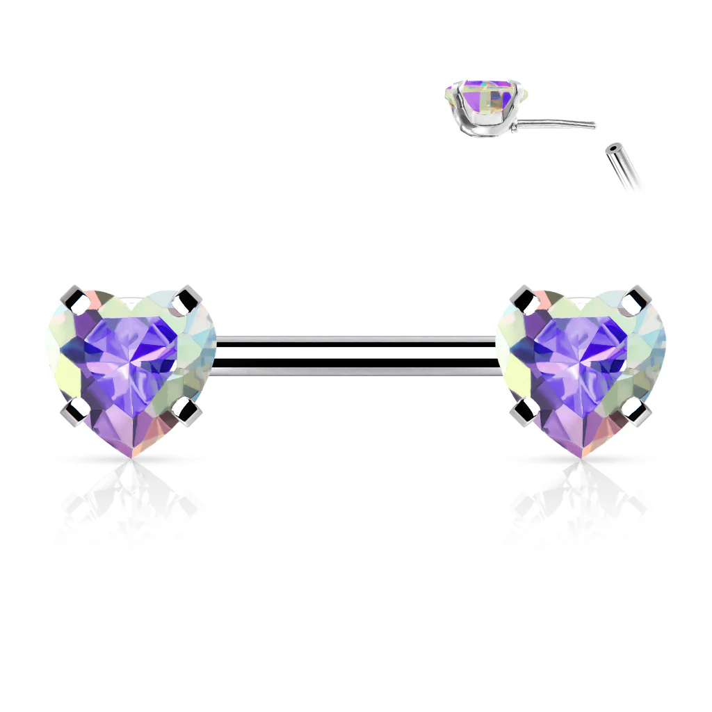 Pair Prong Set Heart CZ  Surgical Steel Threadless Push in Nipple Barbells - Image 2