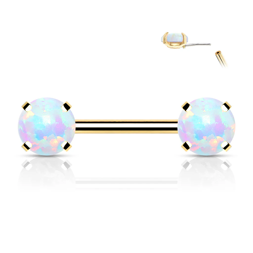 Pair Prong Set 6 mm Opal Stone Threadless Push in Nipple Barbells - Image 2