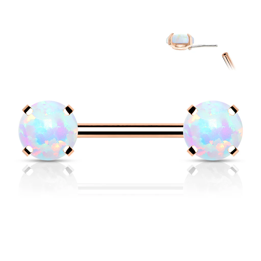 Pair Prong Set 6 mm Opal Stone Threadless Push in Nipple Barbells - Image 3
